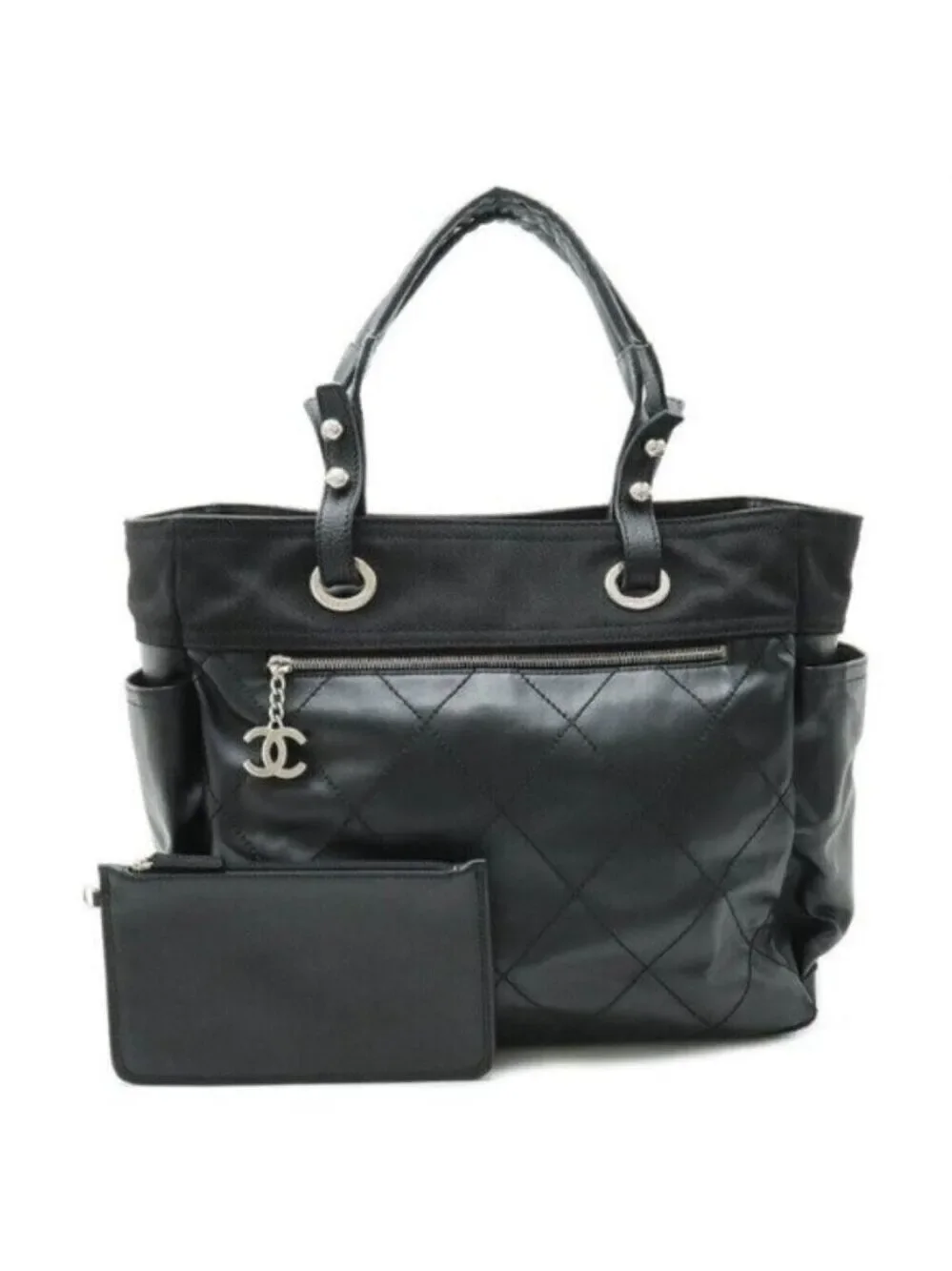 Authentic Chanel Black Quilted Leather Tote CC Charm Luxury Shoulder Bag